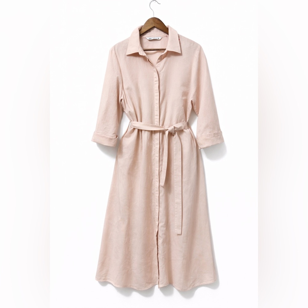 Zara Linen Blend Shirt Dress Blush Pink Belted Midi XXL Minimalist Summer